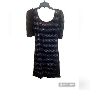 Black lace over nude dress Medium LBD round neck short sleeves